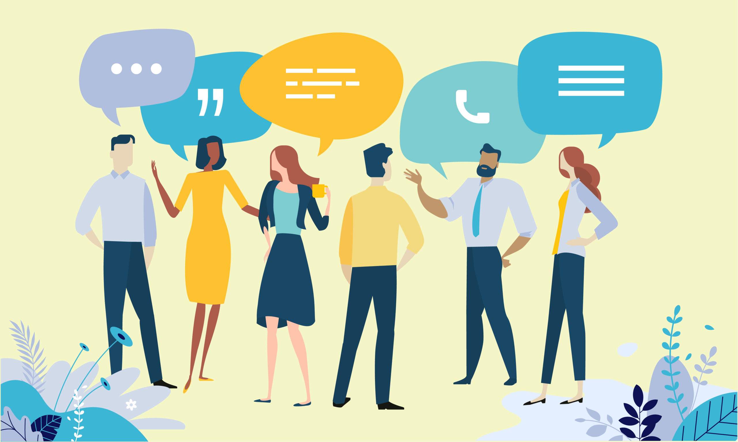 A diverse group of people communicating with speech bubbles above their heads.