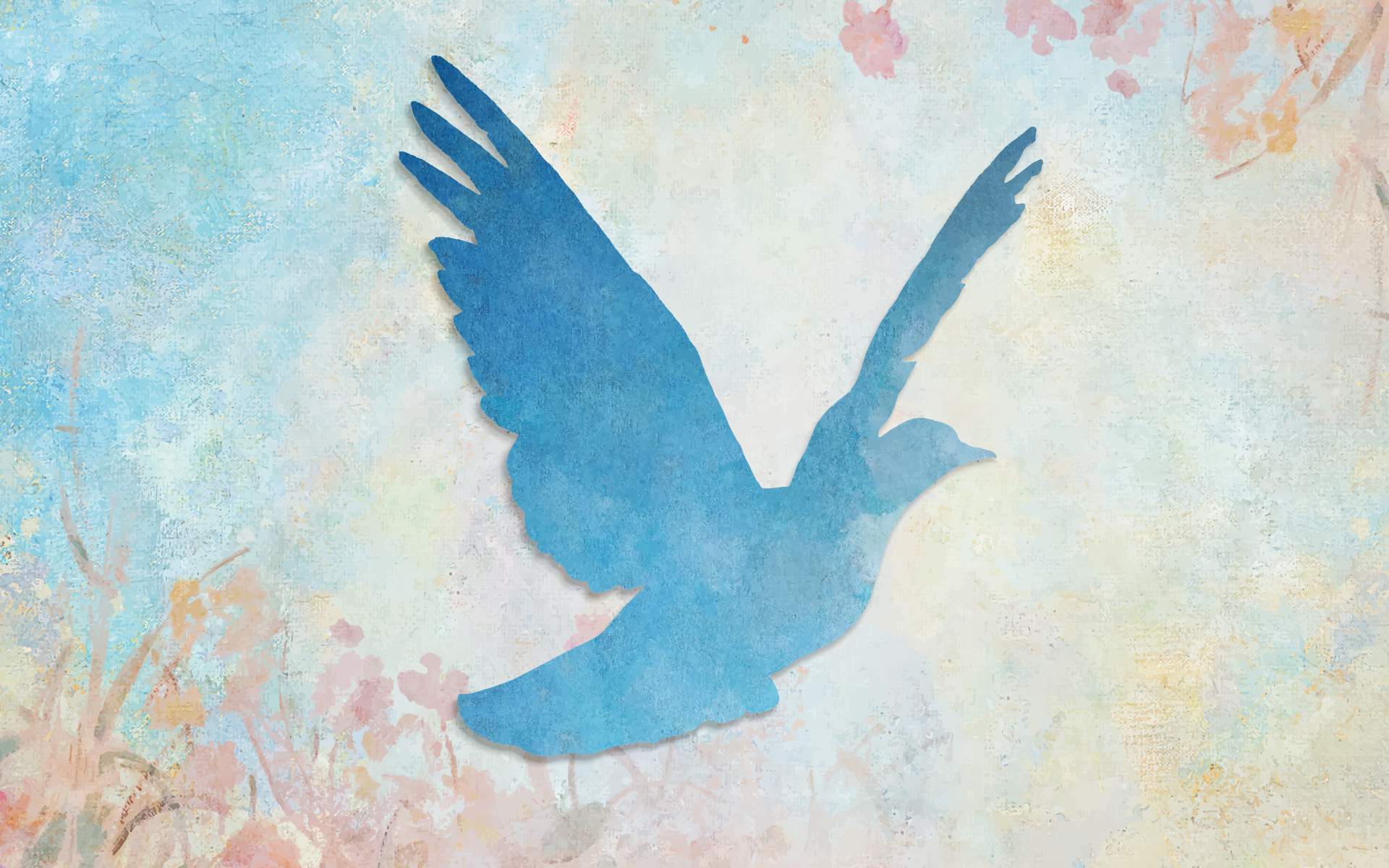 A blue bird silhouette in mid-flight against a soft, watercolor-style background of muted blues, pinks, and warm neutrals. Image is meant to represent democracy.