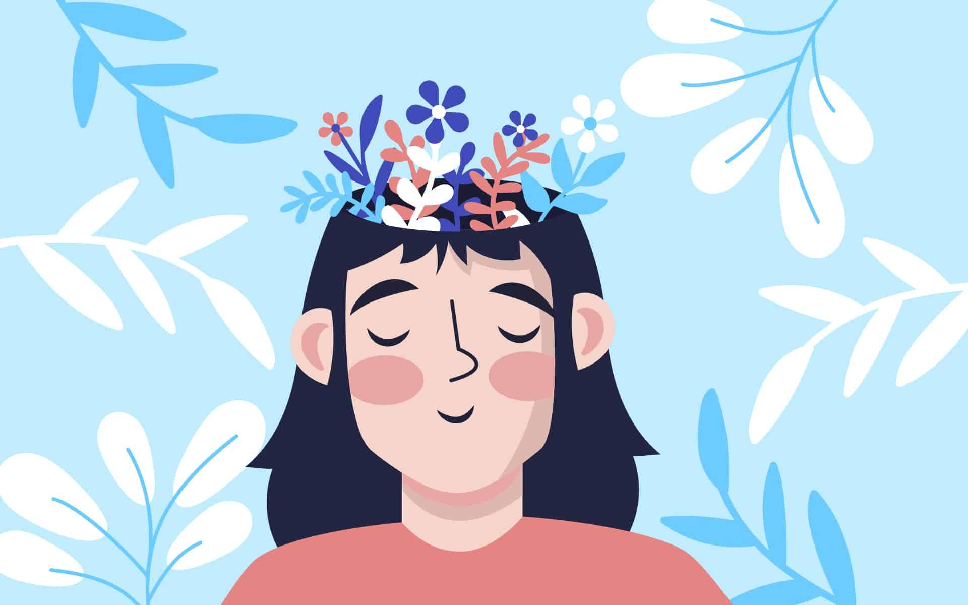 An illustration of a person with dark hair, closed eyes, and a peaceful expression. On top of the person's head, various colorful flowers and leaves are sprouting, symbolizing growth, mindfulness, or a flourishing mind. Metal well-being; embracing neurodiversity.