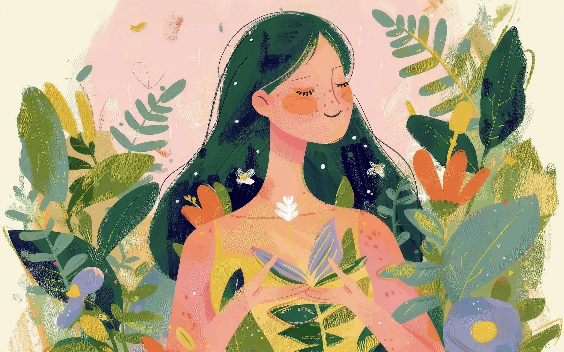 mental health, happy girl minimalistic flat illustration of celebrate Earth Day, breathing, happiness, relax,therapy, self love