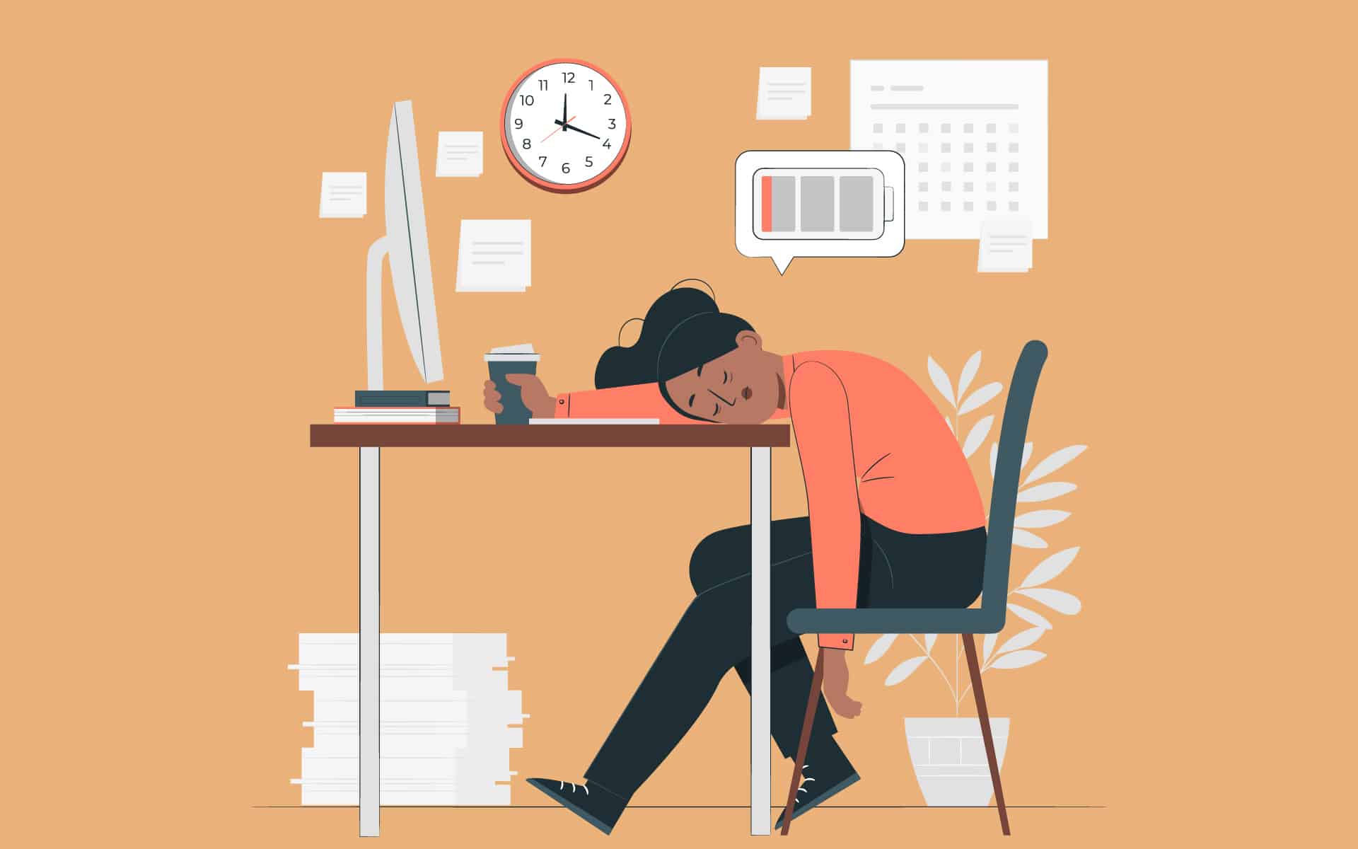 A exhausted man leaning on his work table; tired; burned-out
