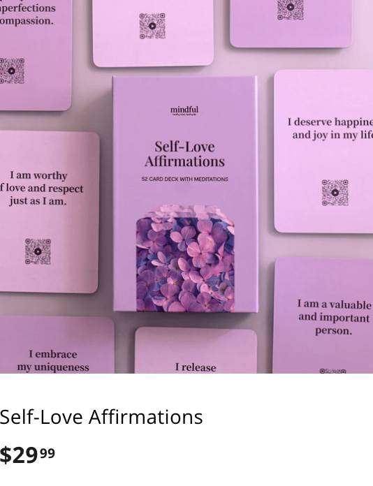 A collection of purple affirmation cards displayed around a box of Self-Love Affirmations priced at $29.99.