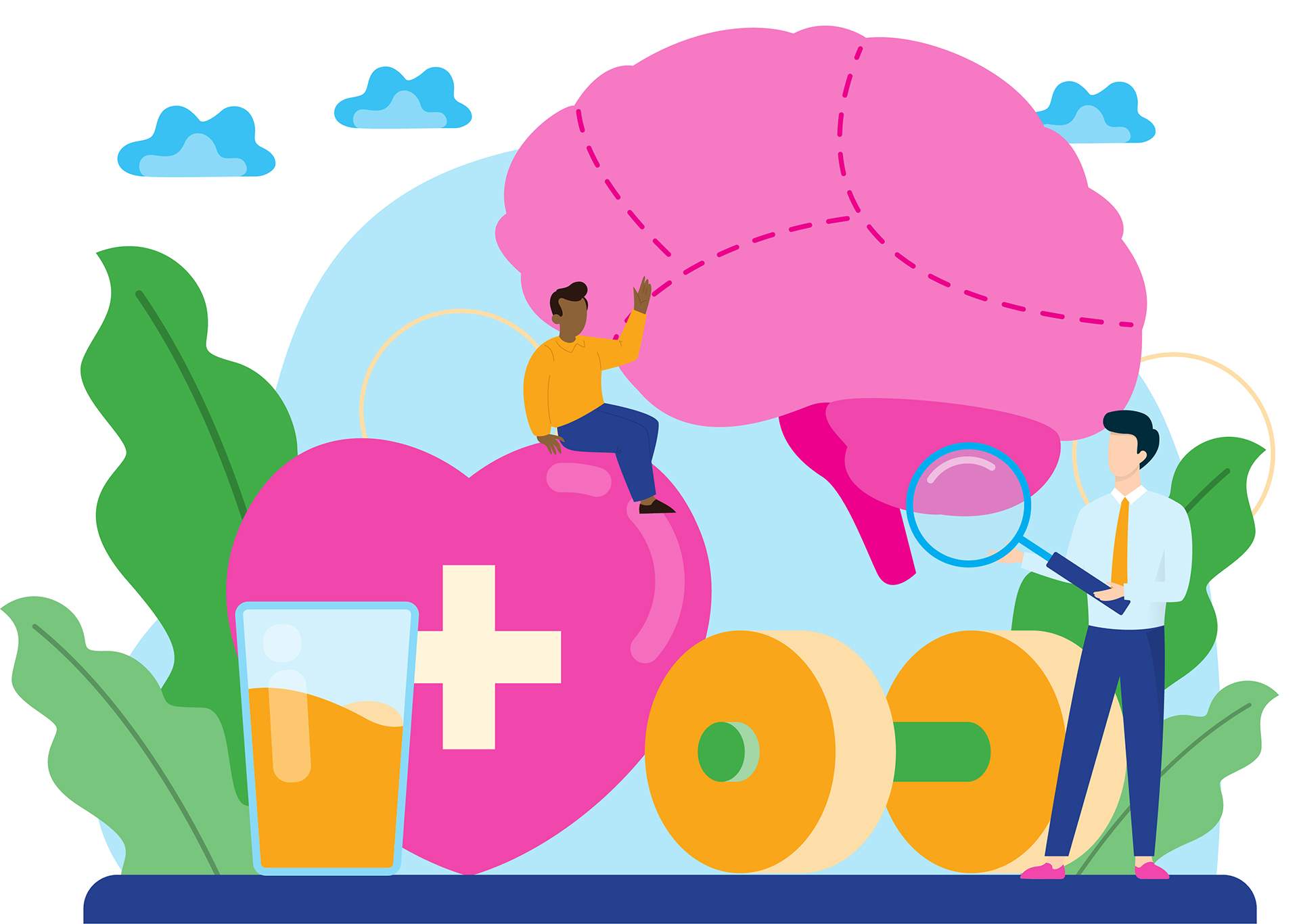 # Alt text: Illustration of people managing health and wellness with a large heart symbol and medical cross.