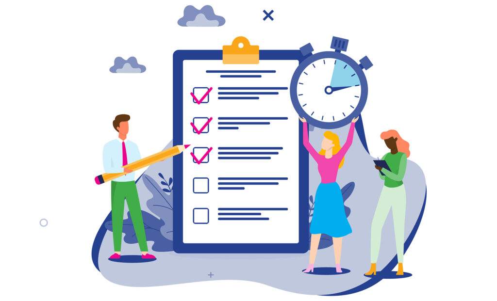Two people managing a checklist with a clock and checkmarks on a clipboard.