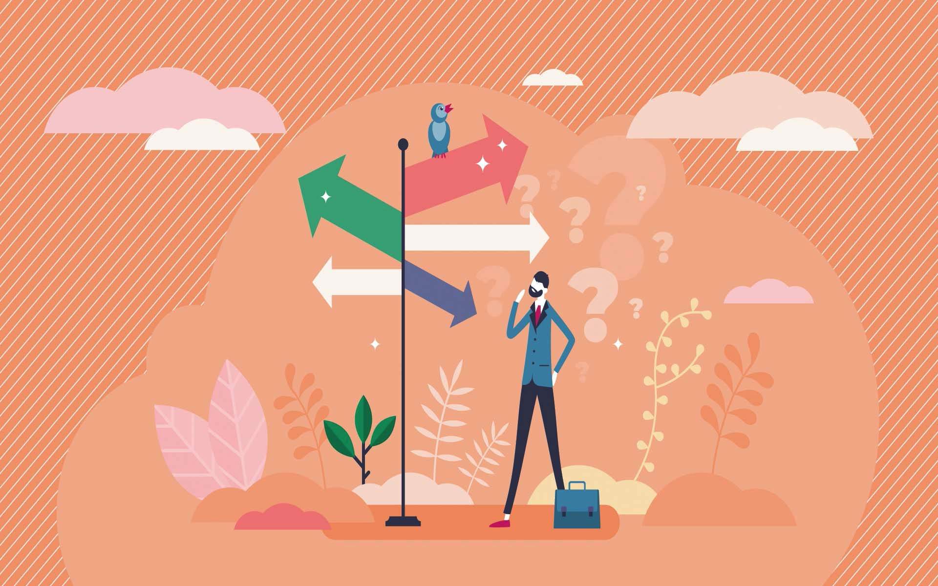 A person stands beside a directional signpost with multiple arrows pointing different ways, symbolizing decision-making or choosing a career path.
