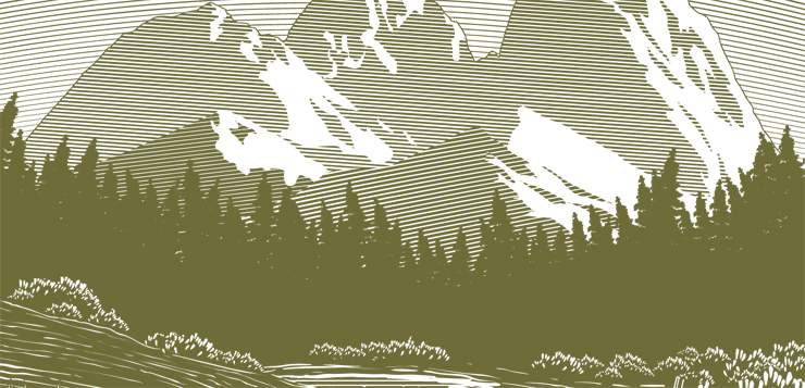 A mountain landscape with snow-capped peaks and forested slopes.