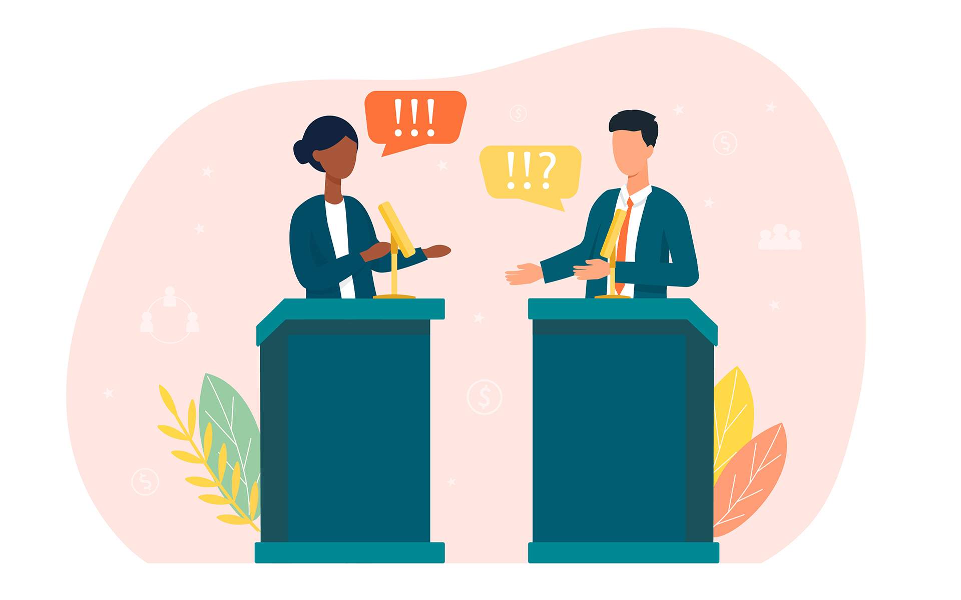 How UK Politicians Are Learning to Disagree—More Agreeably - Illustration of two politicians at podiums debating
