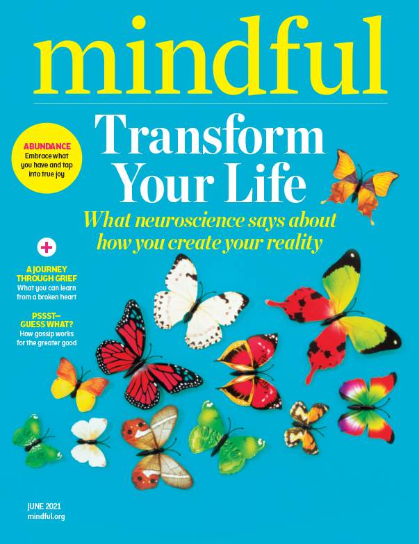 # Alt Text The cover of "Mindful" magazine featuring the headline "Transform Your Life" surrounded by colorful pills and capsules.