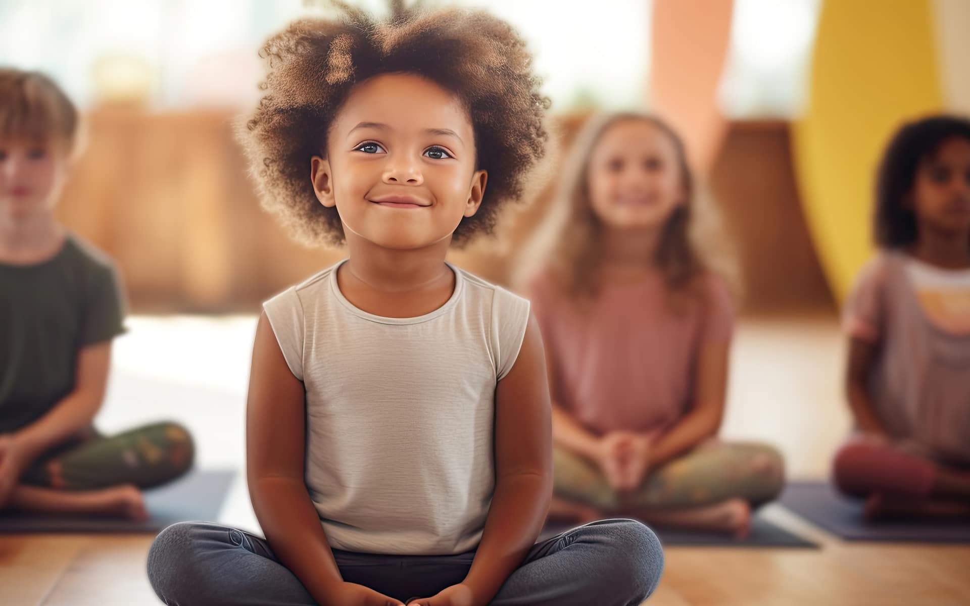 Group diverse little girls sitting in lotus position meditating during session at yoga studio.