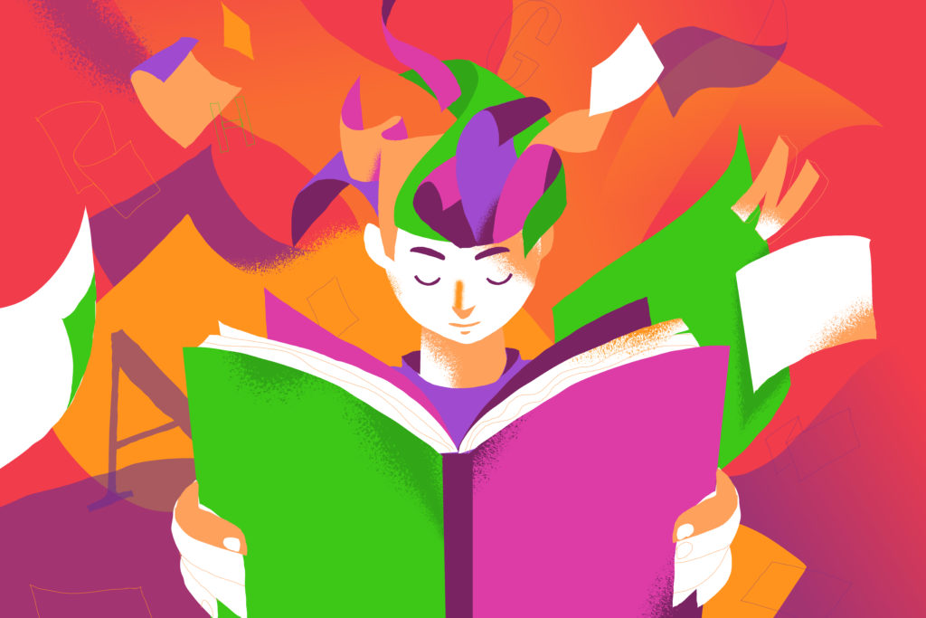 A person with colorful hair reading an open book.