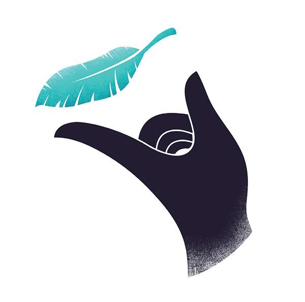 Illustration of a black hand with the thumb and pinky finger extended, gently holding a teal feather between them, set against a white background.