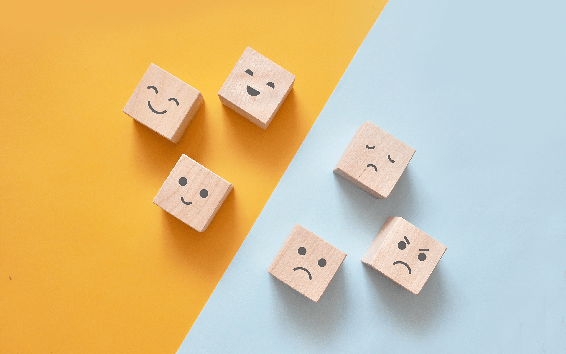 Image of six wooden blocks with faces expressing various emotions