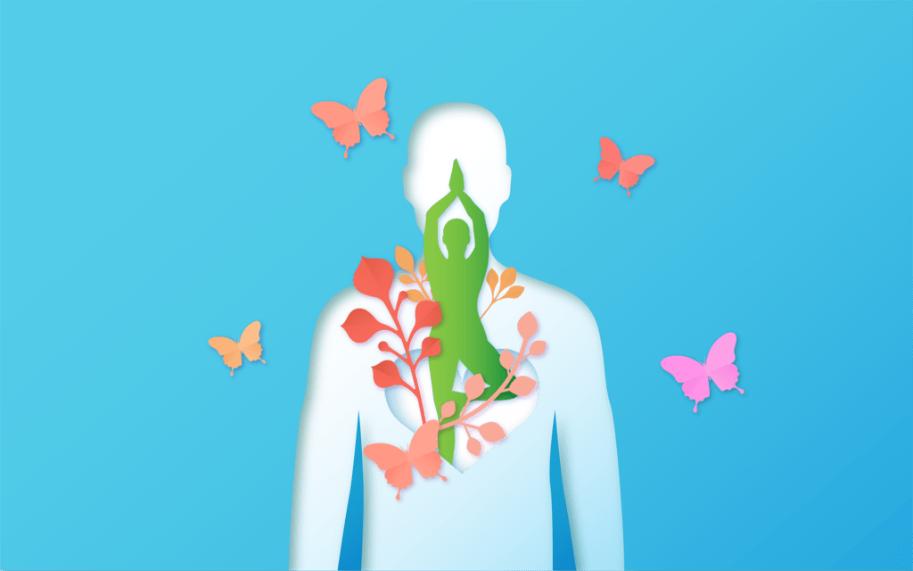 A person with flowers and butterflies emerging from their chest against a blue background.