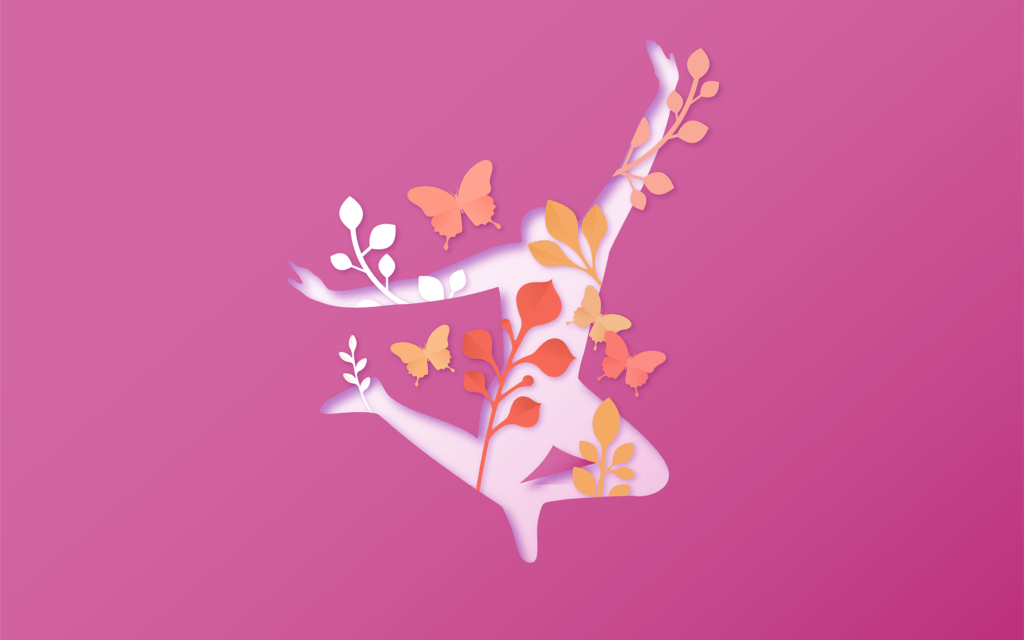 A hand holding a pizza slice with flowers and butterflies floating around it.