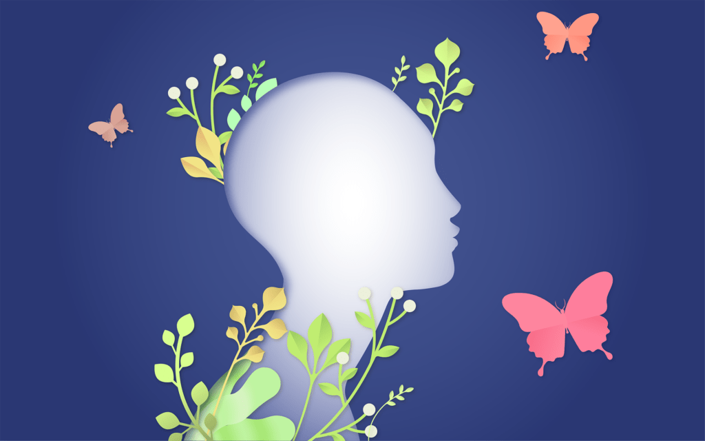 A silhouetted head in profile filled with flowers and plants, surrounded by butterflies.