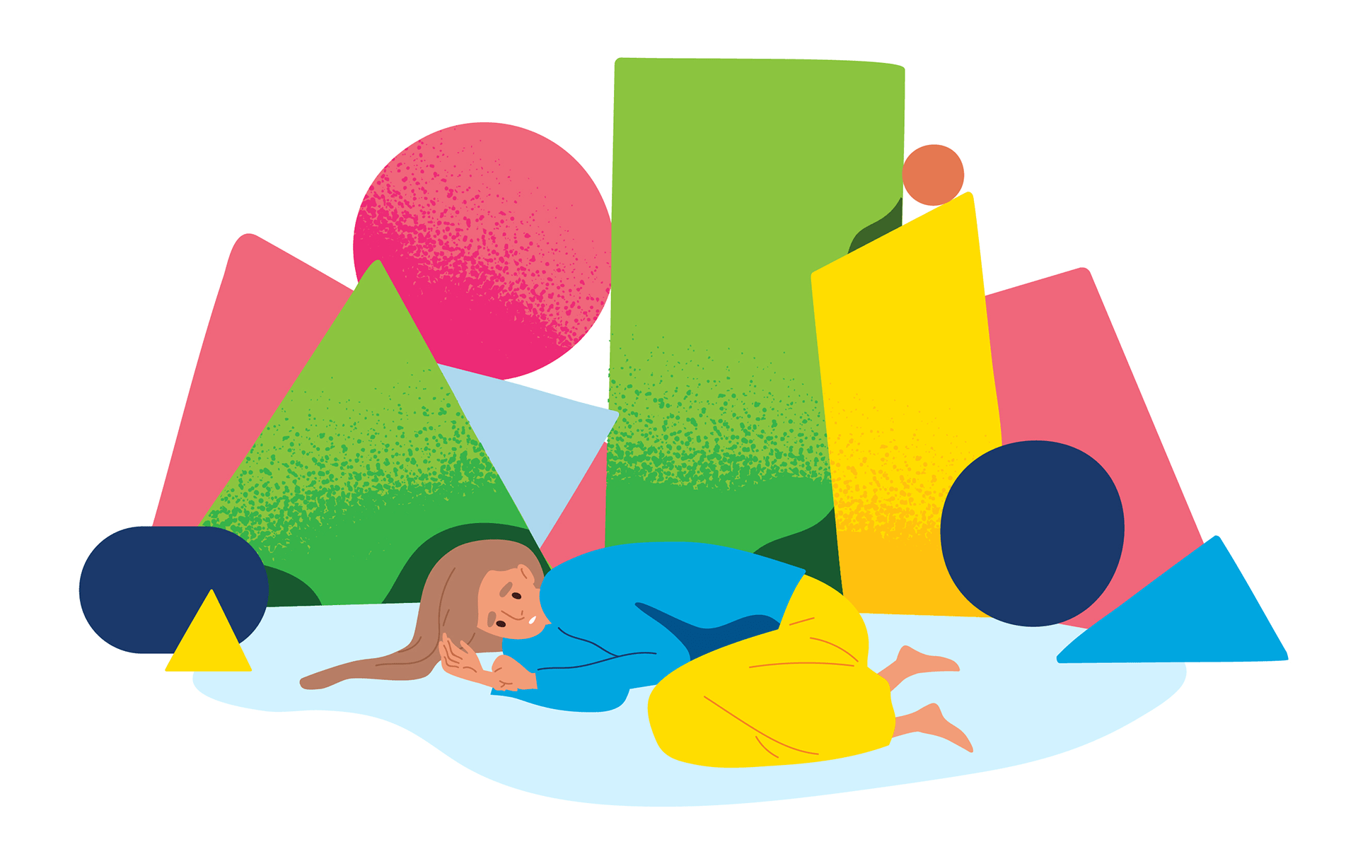 Illustration of a woman wearing a blue shirt and yellow pants laying down on the ground looking sad in front of a pile of various shapes.