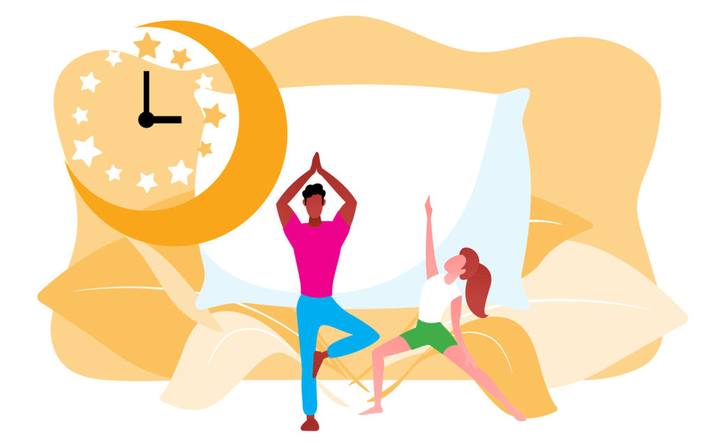 A woman performs yoga while a clock shows the time in a wellness and time management illustration.