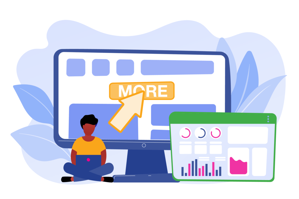 A person sitting at a laptop viewing a website with a "MORE" button, alongside a chart displaying analytics data.