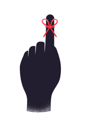 A silhouetted hand with a raised middle finger topped with a red bow.