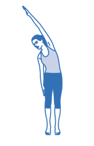 A person performing an overhead tricep stretch with one arm raised behind their head.